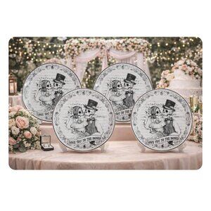 Eaton Fine Dining 4 WEDDING SKELETON Dinner PLATES Marriage Skull Porcelain